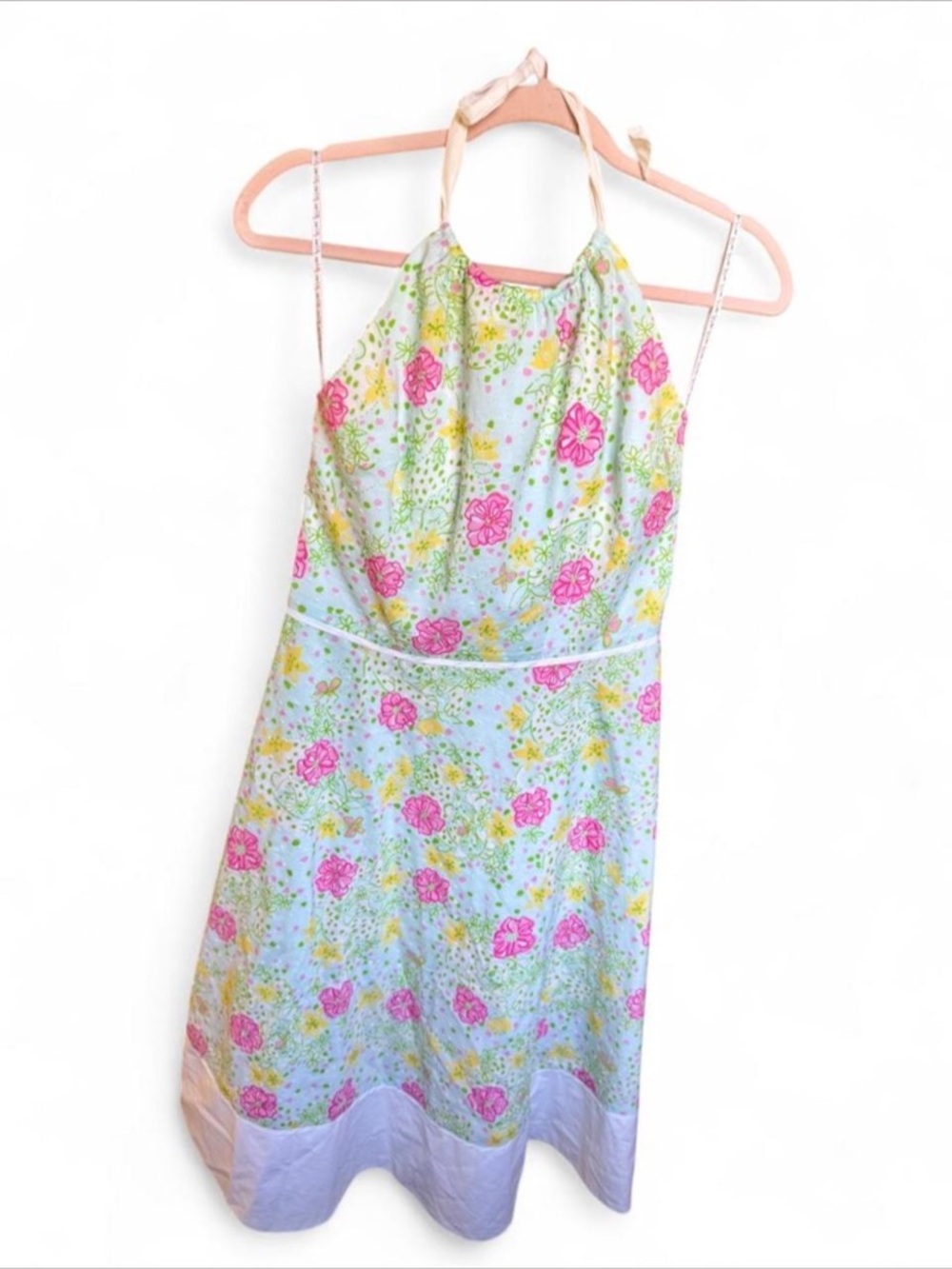 Vintage Lilly Pulitzer White & Pink Floral Swiss Dot Halter Dress - Size 10 - Picture 8 of 9